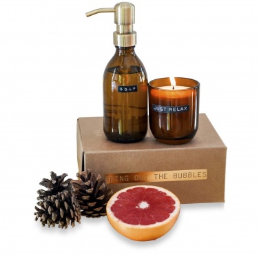 Logo trade promotional item photo of: Wellmark Discovery 200 ml hand soap dispenser and 150 g scented candle set - bamboo fragrance