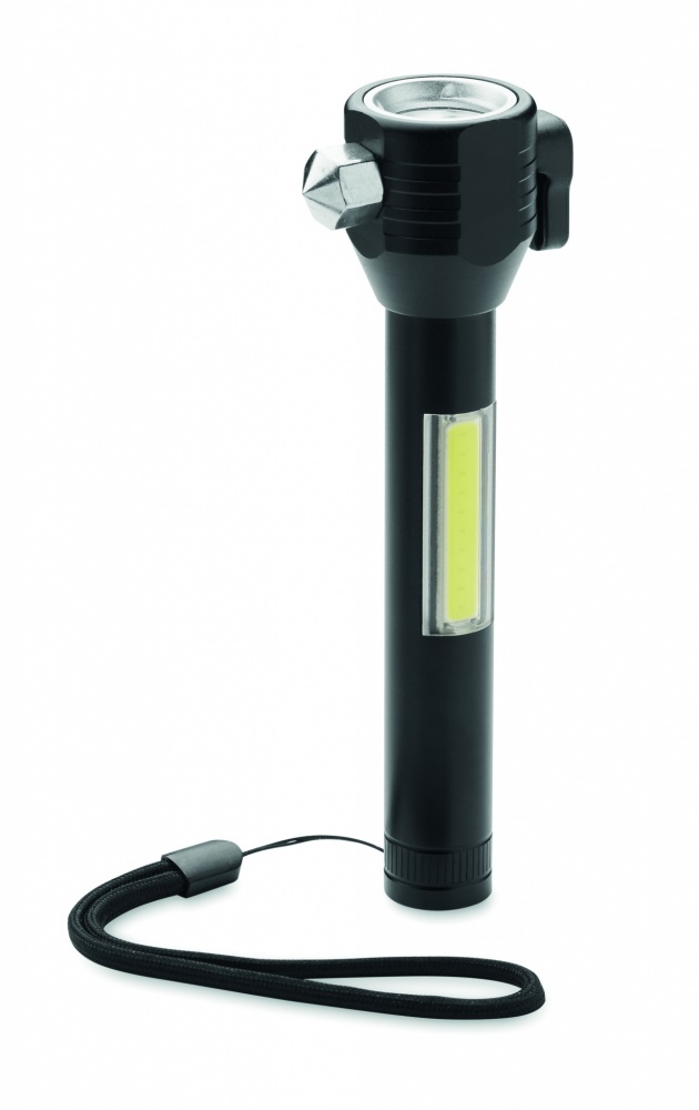 Logo trade promotional item photo of: 3-in-1 aluminum flashlight with an emergency hammer and seatbelt cutter, customizable with printing