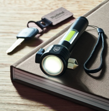 Logo trade promotional merchandise image of: 3-in-1 aluminum flashlight with an emergency hammer and seatbelt cutter, customizable with printing