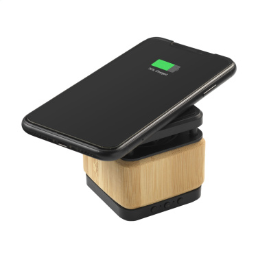 Logo trade promotional items image of: Bamboo Block Speaker with wireless charger