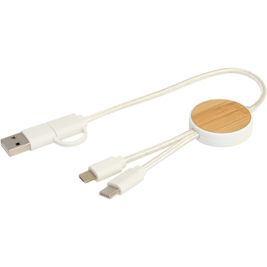 Logo trade promotional products picture of: Chechia 5-in-1 recycled plastic 30 cm data sync and 27W fast charge cable with bamboo details