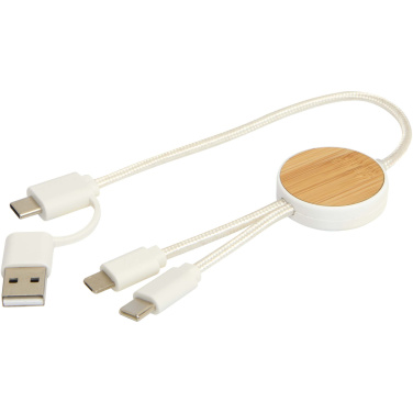 Logotrade promotional giveaway image of: Chechia 5-in-1 recycled plastic 30 cm data sync and 27W fast charge cable with bamboo details