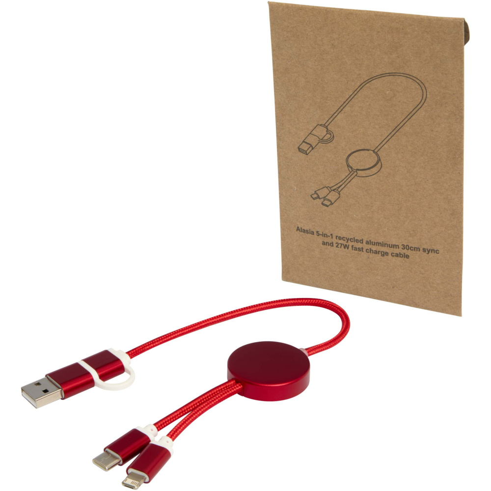 Logotrade corporate gift image of: Alasia 5-in-1 recycled aluminium and plastic 30 cm data sync and 27W fast charge cable