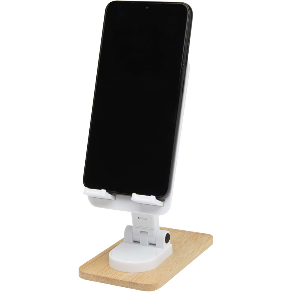 Logo trade business gifts image of: Alfirk recycled plastic foldeable desk phone stand with bamboo details