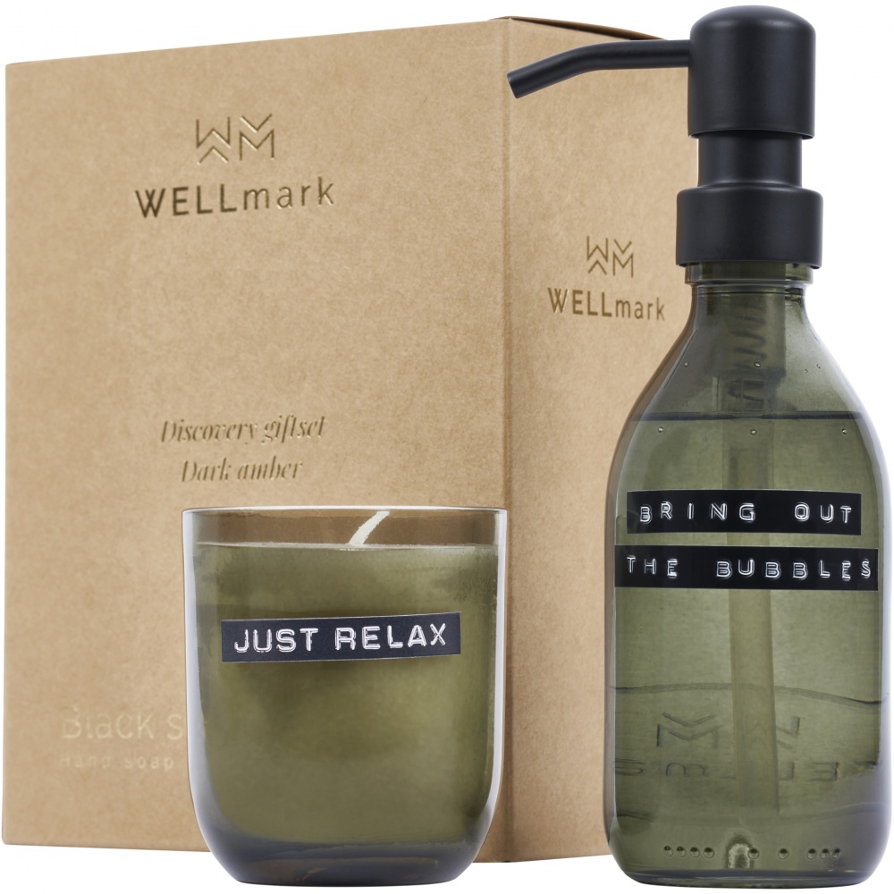 Logotrade mainostuote tuotekuva: Wellmark Discovery 200 ml:n käsisaippua-annostelija ja 150 g tuoksukynttiläsetti – tumman meripihkan tuoksu