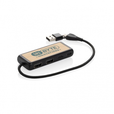Logo trade liikelahja kuva: Link RCS kaksoistulo USB-hub kierrätysmuovia ja bambua