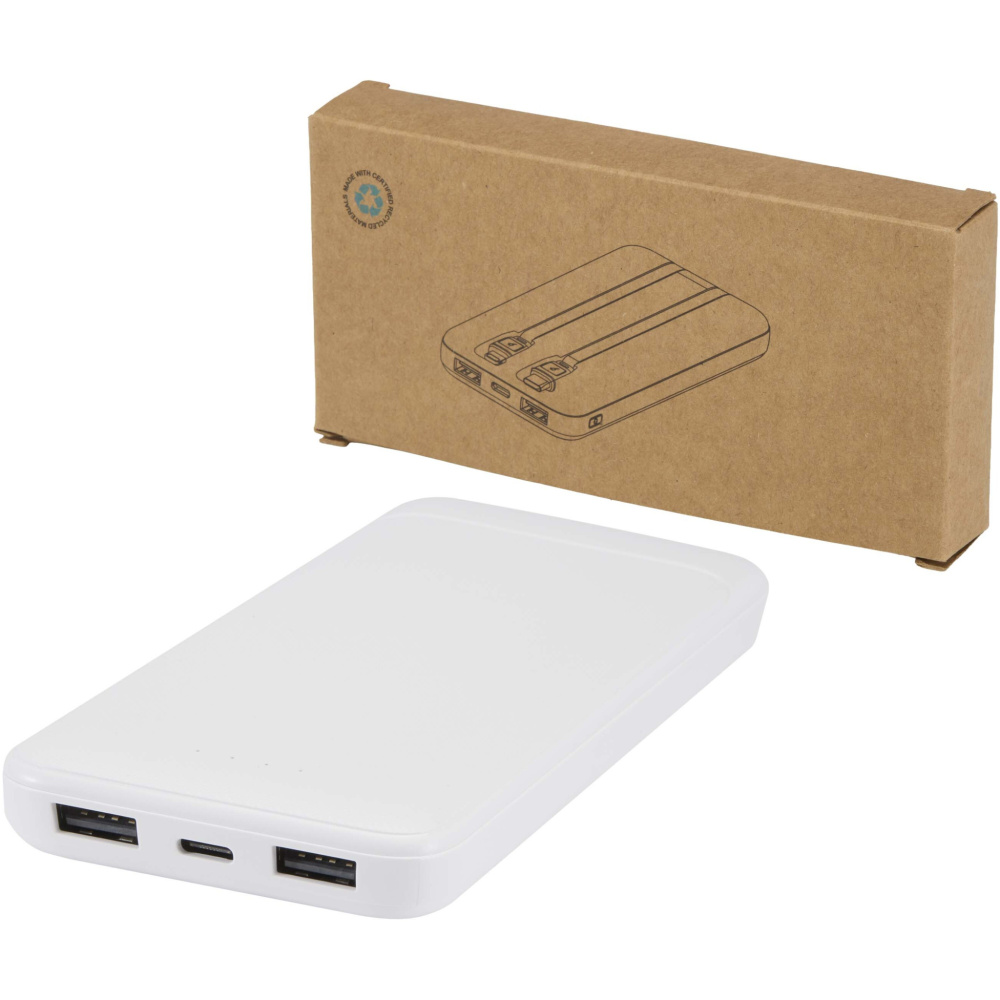 Logo trade liikelahjat tuotekuva: Adhil 10 000 mAh:n ja 10 W:n kierrätetystä muovista valmistettu varavirtalähde, jossa on kaksi sisäänrakennettua kaapelia
