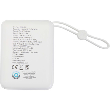 Logotrade reklaminiai produktai nuotrauka: „Acrux“ 10 000 mAh 35 W planšetinio kompiuterio išorinė baterija su integruotu C tipo laidu – pagaminta iš perdirbto plastiko