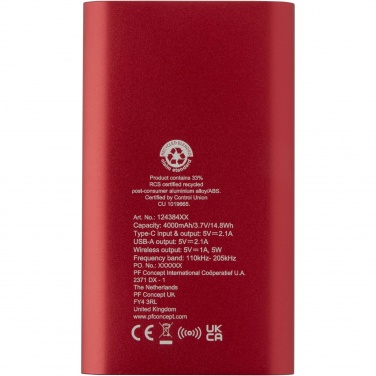 Logotrade reklamprodukter bild: Juice trådlös 4 000 mAh Type C-powerbank i återvunnen aluminium 