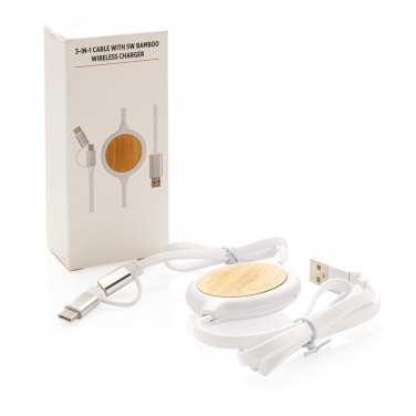 Logotrade kampanjprodukter bild: 3-i-1 kabel med 5W bambu trådlös laddare