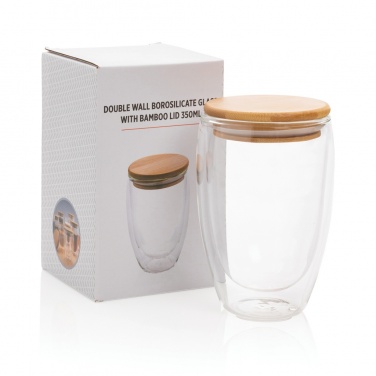Logotrade reklamprodukter bild: Dubbelväggigt borosilikatglas med bambulock, 350ml