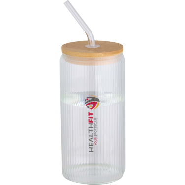 Logotrade kampanjprodukter bild: Mirage 500 ml enkelväggig mugg i borosilikatglas med lock i bambu